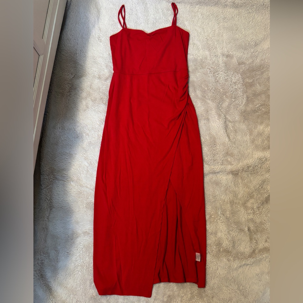 Francesca’s Collection Mi Ami Red Long Dress, Form Fitting, with leg slit